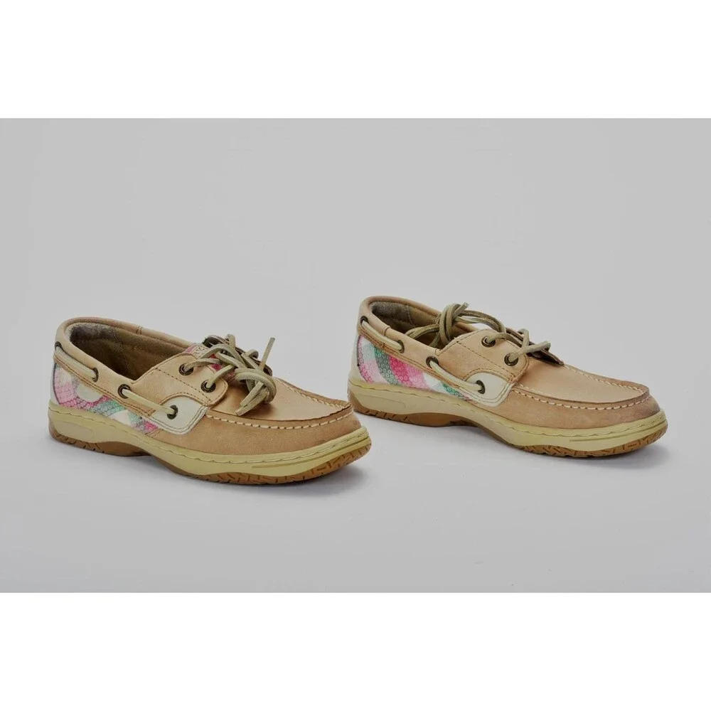Sperry Kids Bluefish Pink / Green Plaid Sequin Boat Shoe Size 2.5